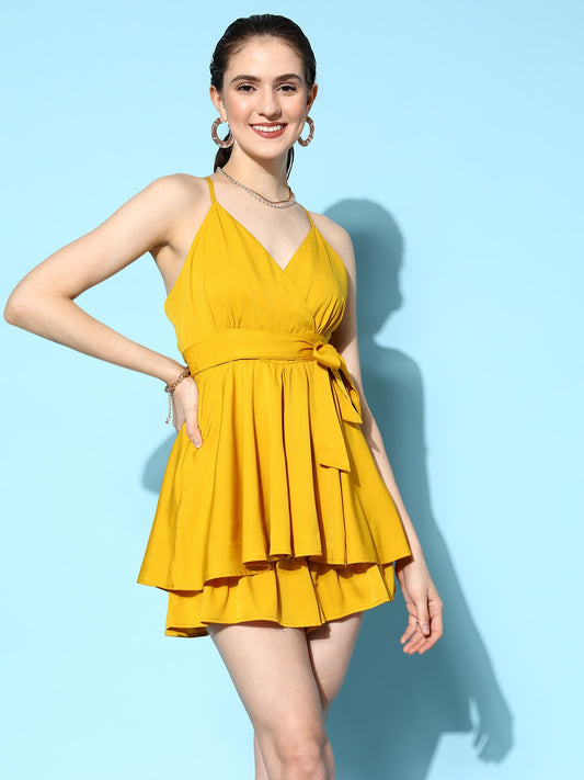 Yellow Solid Lace Frills Bows & Ruffles Layered Jumpsuit Berrylush